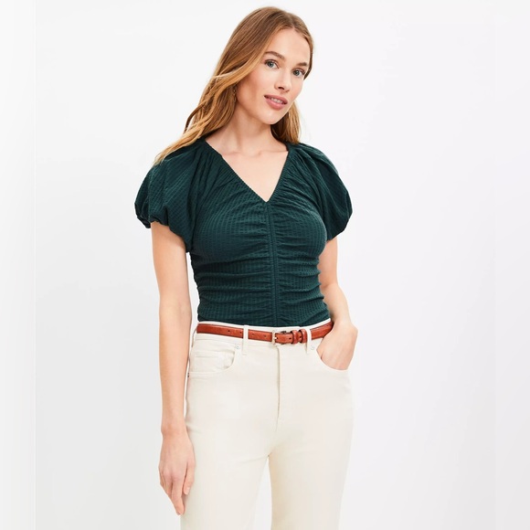 🪴NWT LOFT Seersucker Cinched Bubble Sleeve Top Size Medium - Picture 1 of 7